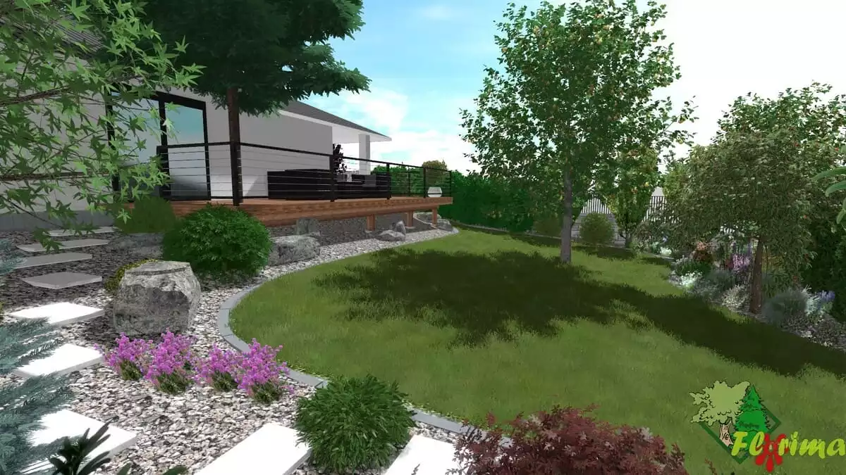 3D návrh záhradnej terasy s nášľapnými platňami